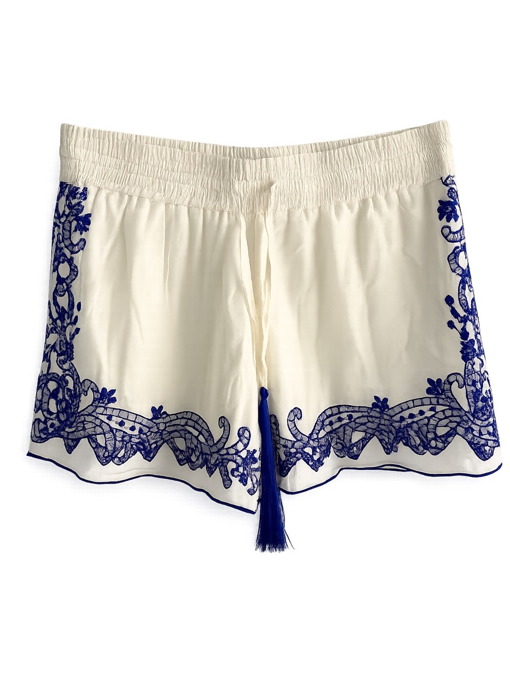 Club Monaco Cream Silk Blue Embroidered Tassel Summer Shorts XS